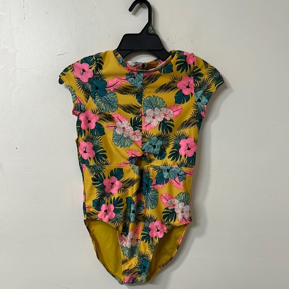 art class Kids Swim One Piece in Yellow with Pink and Green Floral - Picture 1 of 3